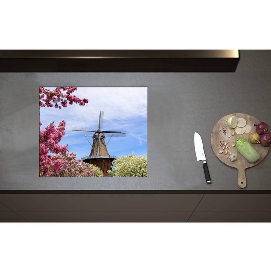 Inductieplaat Beschermer - Bloesembomen voor Traditione Molen in Nederland - 60x50 cm - 2 mm Dik - Inductie Beschermer - Bescherming Inductiekookplaat - Kookplaat Beschermer van Wit Vinyl