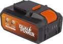 Zwarte 20V/40V Dual Power accu met oranje ontgrendelingsknop en laadindicatoren.