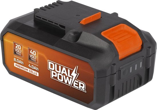 Zwarte 20V/40V Dual Power accu met oranje ontgrendelingsknop en laadindicatoren.