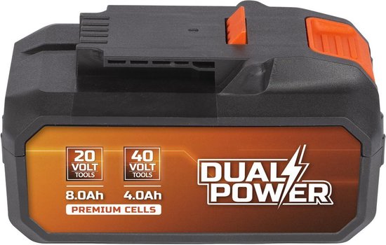 Zwarte 20V/40V Dual Power accu met oranje ontgrendelingsknop en laadindicatoren.