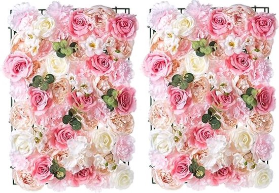 SHOP YOLO-kunstbloemen boeket-2 Stuks Bloem Wandpaneel 60cm X 40cm Wit & Roze Faux Rozen Kunstmatige Bloem Bloemen Achtergrond