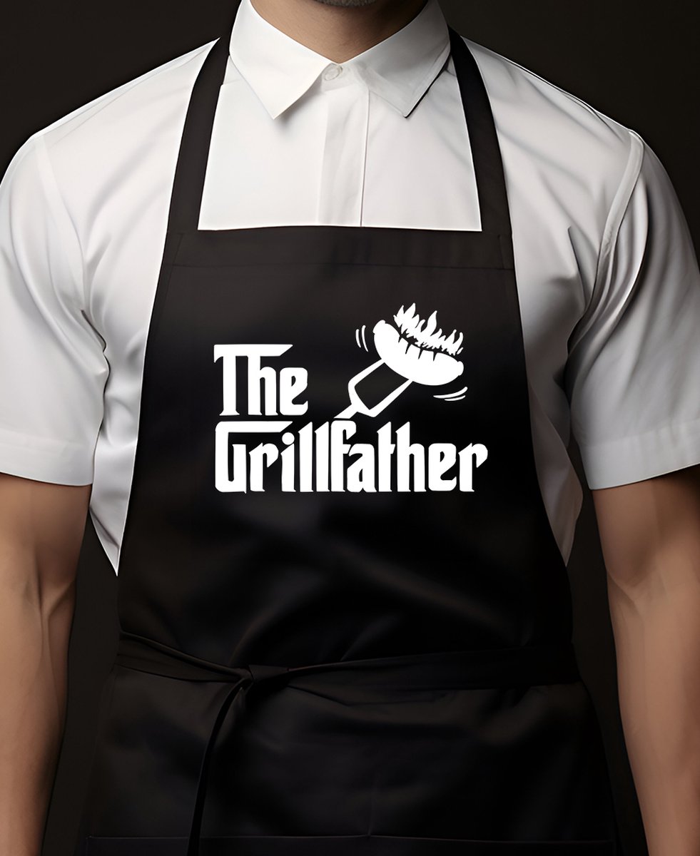 Keukenschort Zwart | 65x90cm | THE GRILLFATHER | 100% katoen | Schort / Keukenschorten | Verjaardags cadeau | BBQ - VADERDAG - MOEDERDAG - Met tekst