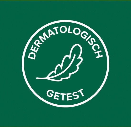 Groen-witte cirkel met een veertje. Tekst: 'Dermatologisch getest'.