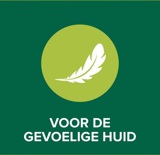 Groene cirkel met een witte veer. Tekst: 'Voor de gevoelige huid'.