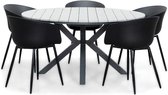 LUX outdoor living Cervo Grey/Rikki zwart dining tuinset 6-delig | polywood + kunststof | 144cm rond | 5 personen