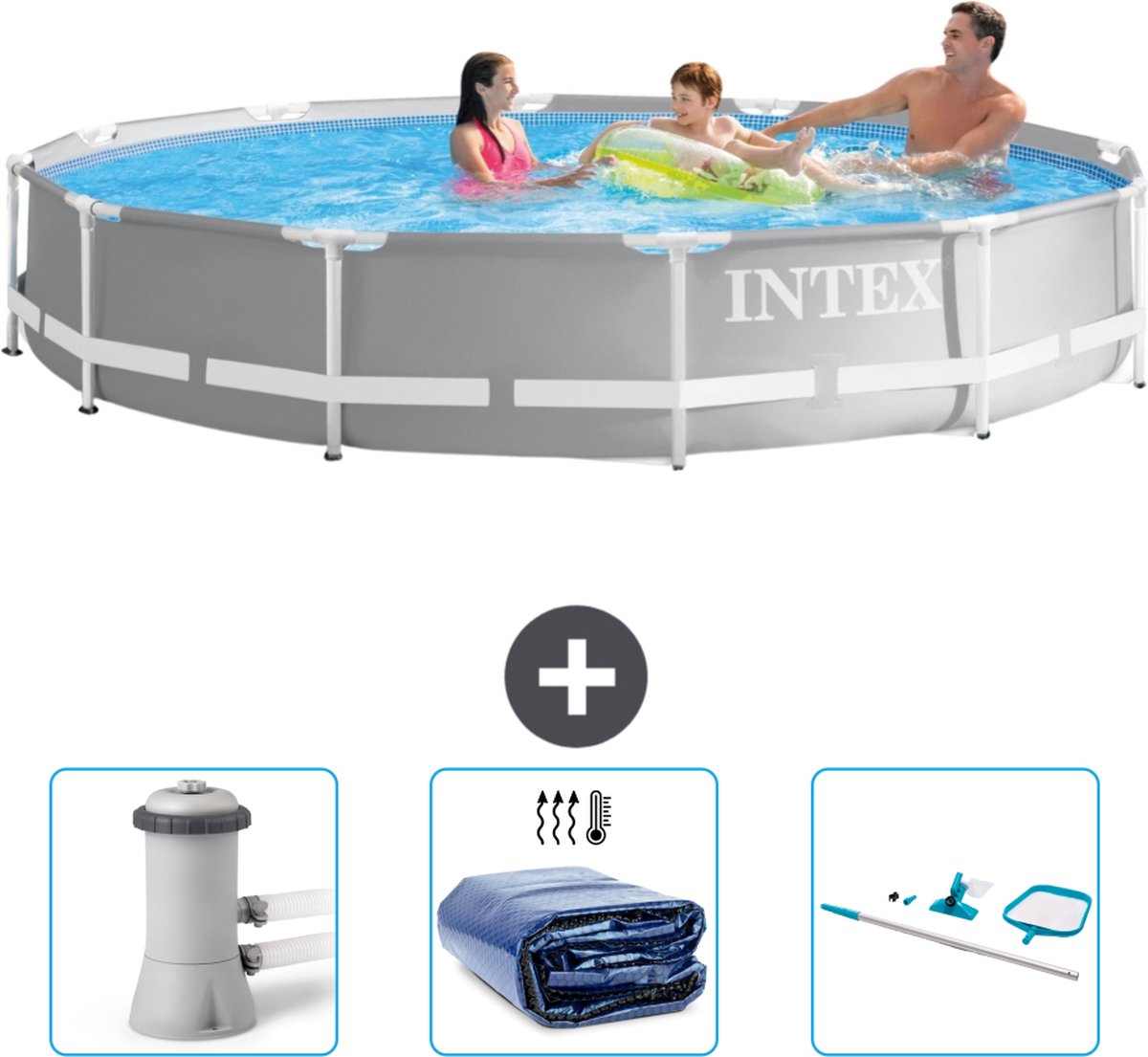 Intex Prism Frame Intex Rond Prism Frame Zwembad 366 x 76 cm Grijs Inclusief Zwembadfilterpomp Solarzeil Schoonmaakset