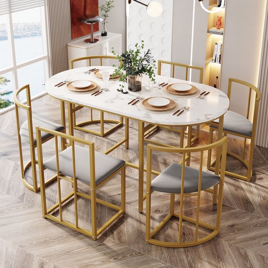 Eettafelset met zes stoelen: (witte tafel, stoelen met rugleuning en grijze bekleding, goud ijzeren frame), eetkamertafel en stoelenset, moderne eettafelcombinatie
