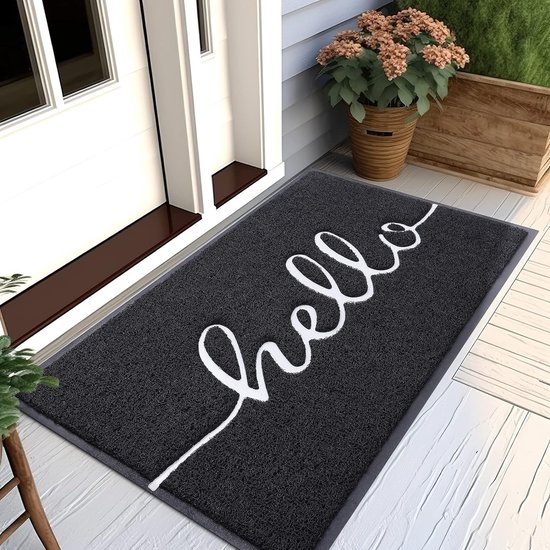 Bastix - "Hello" Deurmat, voor buiten en binnen, antislip, deurmat, wasbare deurmat voor huisdeur, entree, tuin, 80 x 120 cm, zwart