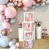 Dozenset met decoraties voor babyshower, met 4 witte transparante vierkante dozen met de letters BABY, geschikt voor zowel meisjes als jongens, perfect voor decoratie tijdens feesten,