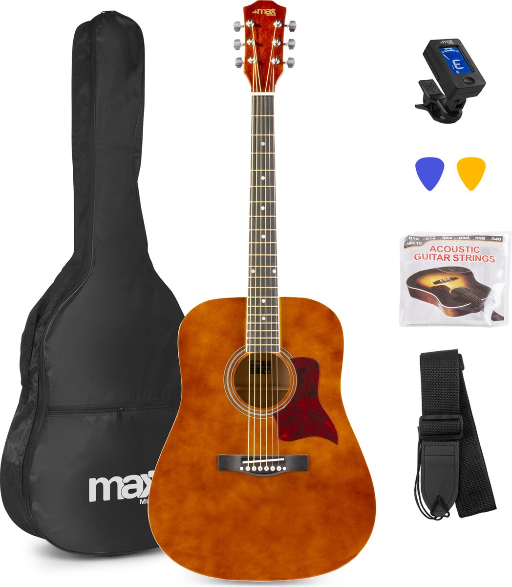 Bol.com Akoestische gitaar voor beginners - MAX SoloJam Western gitaar 4/4 - incl. gitaar stemapparaat, gitaartas en 2x plectrum... aanbieding