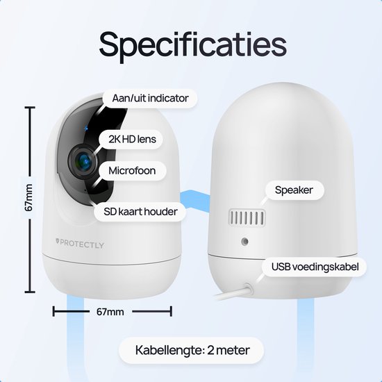 Specificaties van de witte beveiligingscamera: 2K HD lens, microfoon, SD-kaart houder, speaker, USB voedingskabel, 2m kabellengte.
