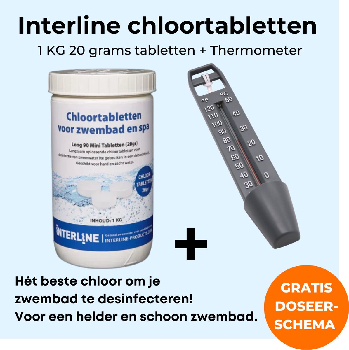 Interline Chloortabletten zwembad 20 gram - Chloortabletten zwembad - Chloortabletten 20 gram per tablet - Verpakking van 1kg - Langwerkende chloortabletten - Gratis thermometer - Inclusief doseerschema