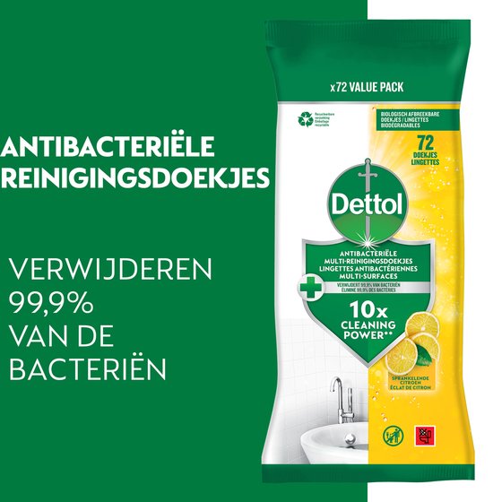 Groene verpakking met witte en gele accenten. Dettol antibacteriële reinigingsdoekjes, 72 stuks, met citroen afbeelding en '10x Cleaning Power' tekst.