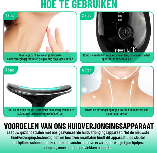 MetuX® Huidverjongingsapparaat – Facelift Apparaat – Huidverjonging – Gezichtsreiniger - Huidverzorging - Huidverjongingsapparaat Gezicht – Rimpel Verwijderaar - Verminderen van Acne, Lijnen, Rimpels - Gezichtsmassage - Nekmassage - 7 LED Technologie