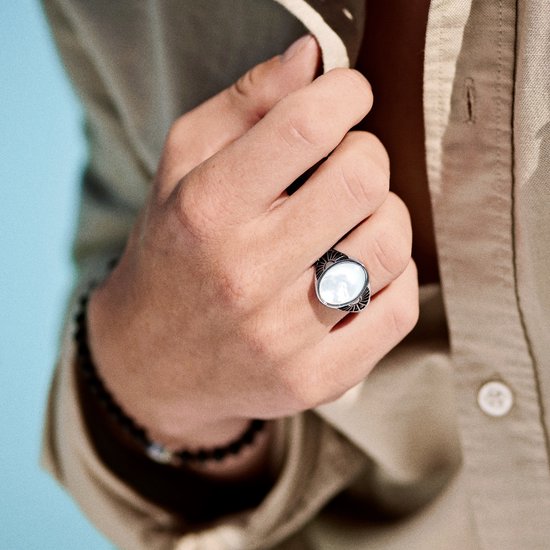 Gerecycled stalen heren zegelring bewerkt met black agate | -NL
