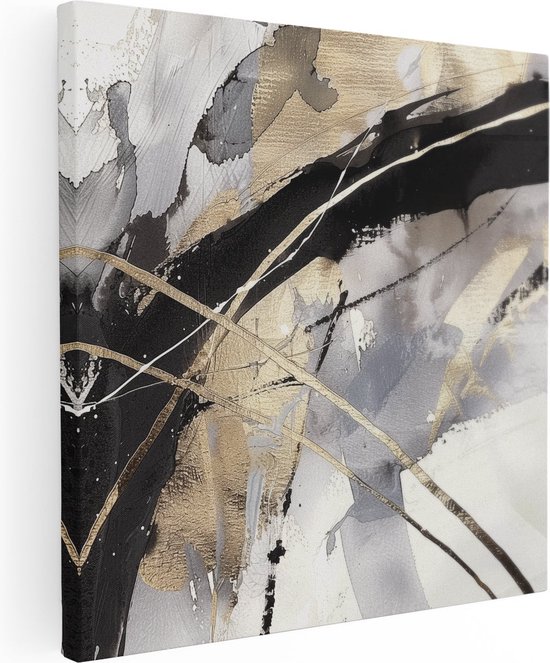 Artaza Peinture sur toile abstraite avec lignes dorées et noires – 90 x 90 – Groot – Photo sur toile – Impression sur toile