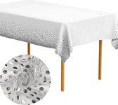 Tafelkleed Plastic - 137 x 274cm - Wit Tafelkleed - Zilveren Stippen - Tafeldoek - Tafellaken - Tafelzeil - Bruiloft - Kerst