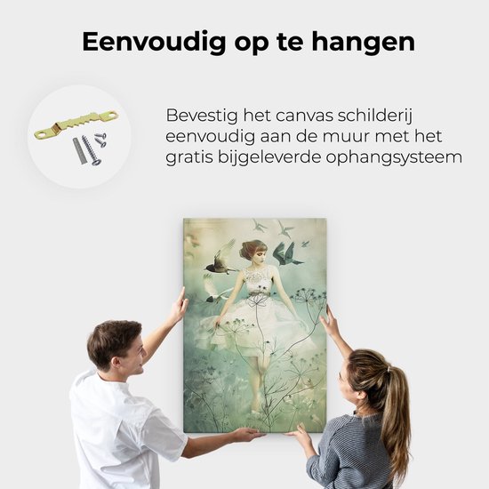 Tableau Artaza : Femme en robe Witte entourée Vogels – 80 x 120 cm – Groot – Photo sur toile – Impression sur toile