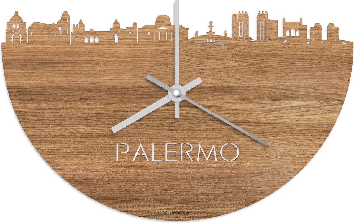 Skyline Klok Palermo Eikenhout - Ø 40 cm - Stil uurwerk - Wanddecoratie - Meer steden beschikbaar - Woonkamer idee - Woondecoratie - City Art - Steden kunst - Cadeau voor hem - Cadeau voor haar - Jubileum - Trouwerij - Housewarming - WoodWideCities
