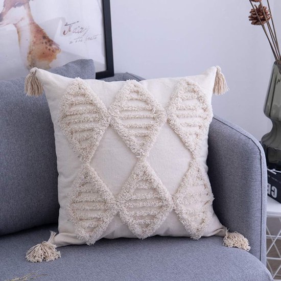 Decoratieve kussenhoes met franjes, boho, super zachte kussenslopen met kwastjes voor bank, slaapkamer, woonkamer, 45 x 45 cm, beige