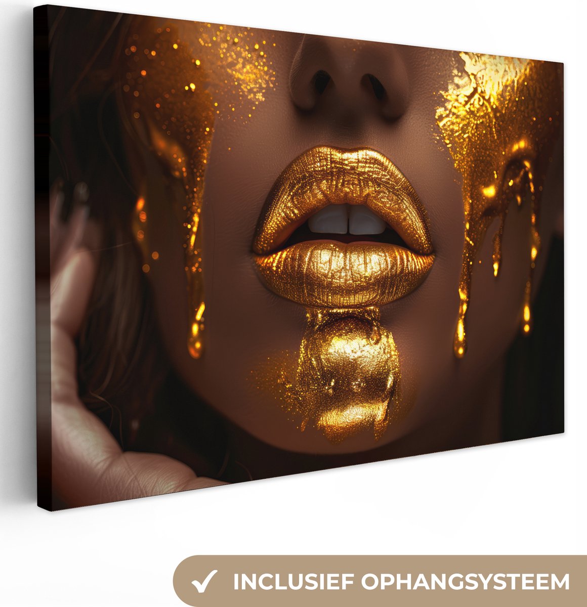 Canvas schilderij 120x80 cm - Wanddecoratie Vrouw - Goud - Gezicht - Verf - Lippen - Muurd