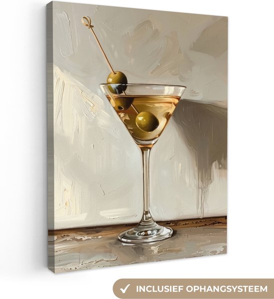 Canvas schilderij 90x120 cm - Wanddecoratie Martini - Cocktail - Beige - Abstract - Muurdecoratie accessoires - Keuken decoratie muur - Schilderijen op canvas