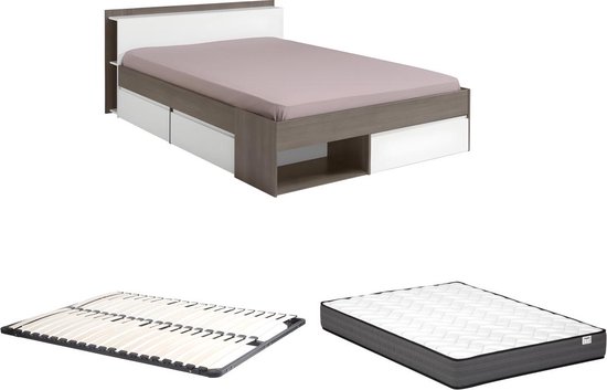 Bed met opbergruimte 160 x 200 cm - Kleur: taupegrijs en wit + bedbodem + matras - DEBAR L 220 cm x H 79 cm x D 170 cm