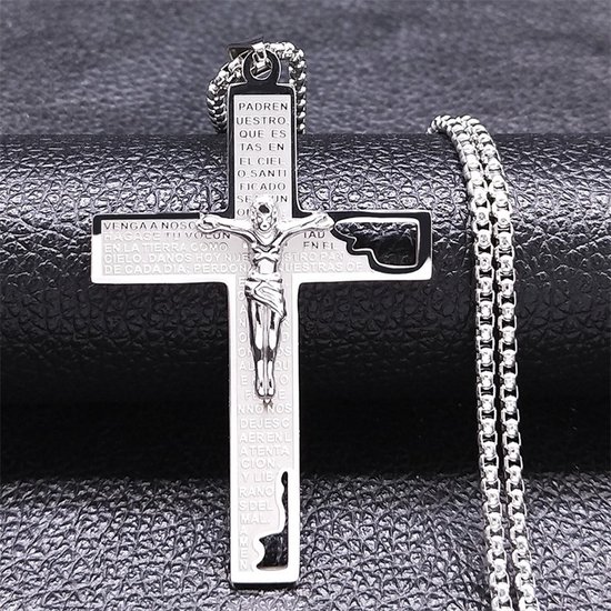 Fako Bijoux® - Cubaans Kruis Jesus Voor Mannen - Ketting Met Kruis - Heren Ketting - Holy Cross - 38x59mm - 60cm - 2mm - Stainless Steel - RVS - Staal - Zilverkleurig