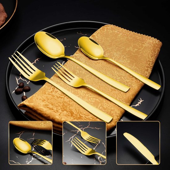LaCardia Ménagère de Couverts 6 Personnes 36 Pièces - Cuillères - Couteaux - Fourchettes - Couteaux à steak - Passe au Lave-Vaisselle - Couverts - Or/ Acier Inoxydable