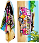 VW Transporter strandlaken - 140 x 70 cm. - Summer Bus Love handdoek - roze