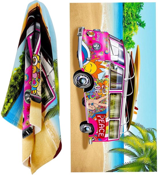 VW Transporter strandlaken - 140 x 70 cm. - Summer Bus Love handdoek - roze