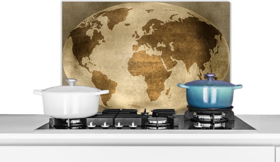 Foto: Spatscherm keuken 60x40 cm kookplaat achterwand wereldkaart wereldbol vintage muurbeschermer spatwand fornuis hoogwaardig aluminium