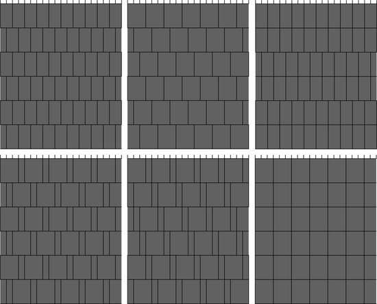 Zes illustraties van donkergrijze schuttingpanelen met verschillende patronen.