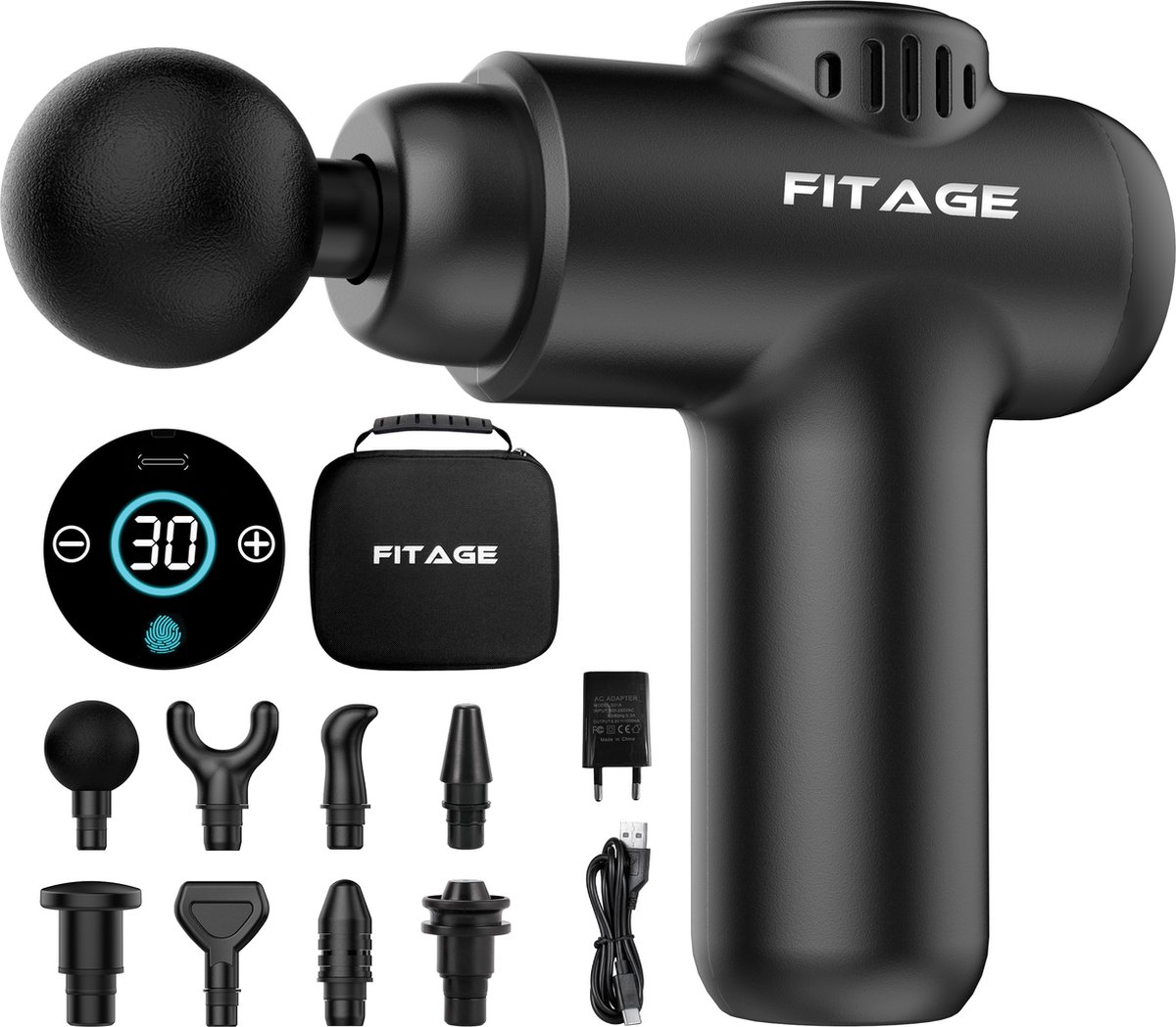 FITAGE Massage Gun Mini - 12 Opzetstukken - Professioneel Massage Apparaat - Massage Pistool 30 Standen - Massageapparaat - Massagegun
