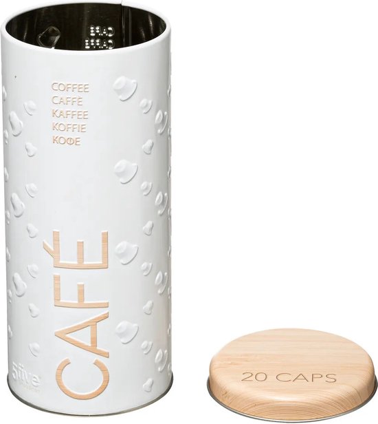 Wit koffieblik open met houten deksel ernaast. 'CAFE' in reliëf op blik.