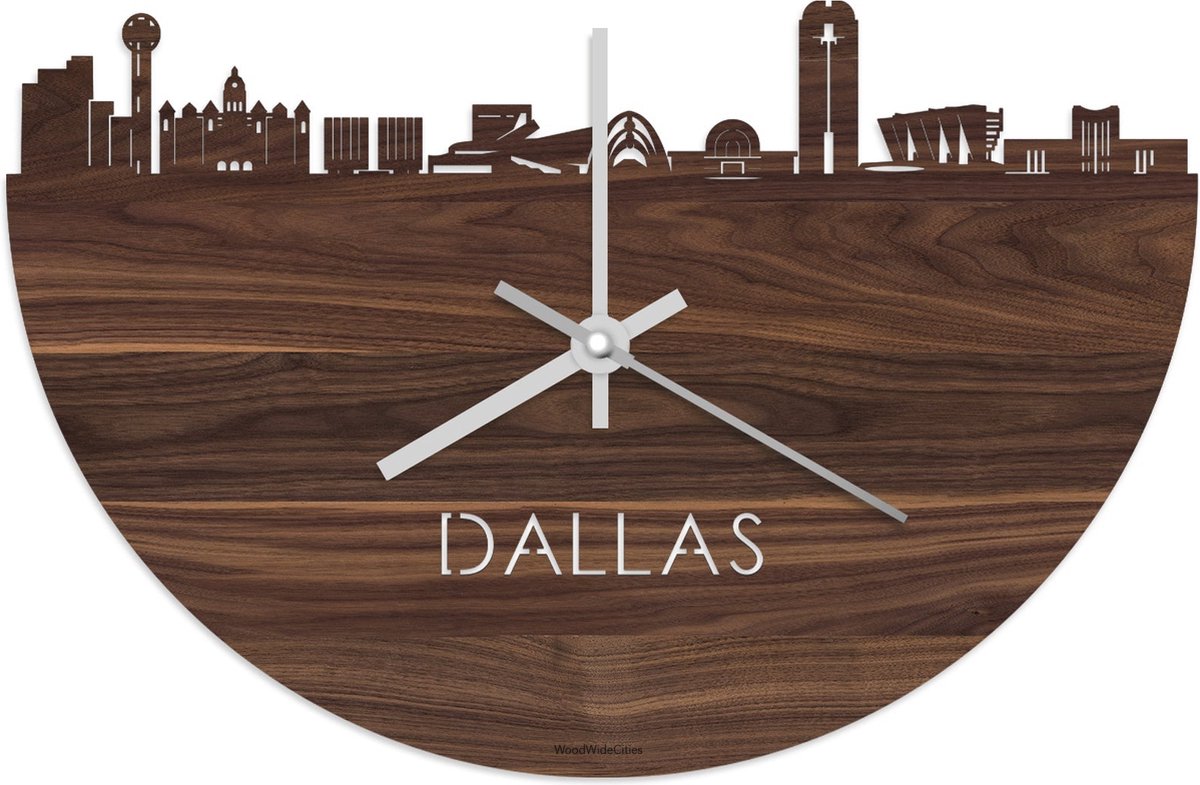 Skyline Klok Dallas Notenhout - Ø 40 cm - Stil uurwerk - Wanddecoratie - Meer steden beschikbaar - Woonkamer idee - Woondecoratie - City Art - Steden kunst - Cadeau voor hem - Cadeau voor haar - Jubileum - Trouwerij - Housewarming - WoodWideCities