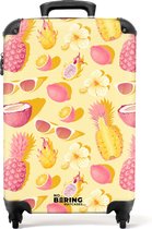 NoBoringSuitcases.com® - Handbagage koffer lichtgewicht - Reiskoffer trolley - Roze en geel patroon van bloemen en tropisch fruit - Rolkoffer met wieltjes - Past binnen 55x40x20 en 55x35x25