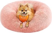 Fluffy hondenmand, kattenmand, donutkussen, wasbaar, verwijderbare middenvulling, lang pluche, 60 cm diameter, roze PGW038P01