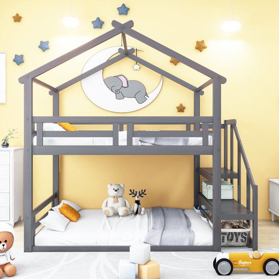 Lit enfant Sweiko Huis 90*200cm, lit familial avec escalier de sécurité, lit superposé en bois massif avec escalier, gris