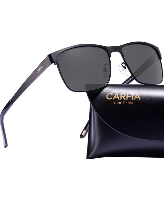 Vierkante Zonnebril - Heren - UV-Bescherming - Verstelbare veer Scharnier - Gratis doekje en Etui - STK - Zwart