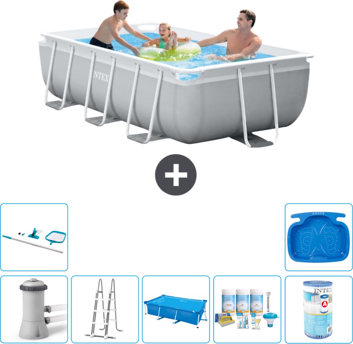 Intex Rechthoekig Prism Frame Zwembad – 300 x 175 x 80 cm – Grijs – Inclusief Pomp – Ladder Solarzeil – Onderhoudspakket – Filter – Schoonmaakset – Voetenbad Intex Rechthoekig Prism Frame Zwembad – 300 x 175 x 80 cm – Grijs – Inclusief Pomp – Ladder Solarzeil – Onderhoudspakket – Filter – Schoonmaakset – Voetenbad