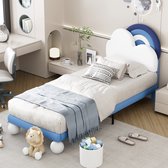 Sweiko Gestoffeerd bed 90x200cm, met lattenbod en hoofdeinde, matras niet inbegrepen, jeugdbed, houten lattenbod, eenvoudige installatie, in hoogte verstelbaar hoofdeinde, PU, blauw