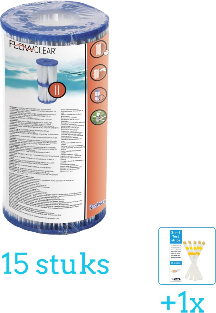 Bestway Flowclear Filter Cartridge (II) 15 stuks Voordeelverpakking Inclusief WAYS Testrips (1 stuks) Type 2 Type II filter Geschikt voor 58383 58386 Pomp