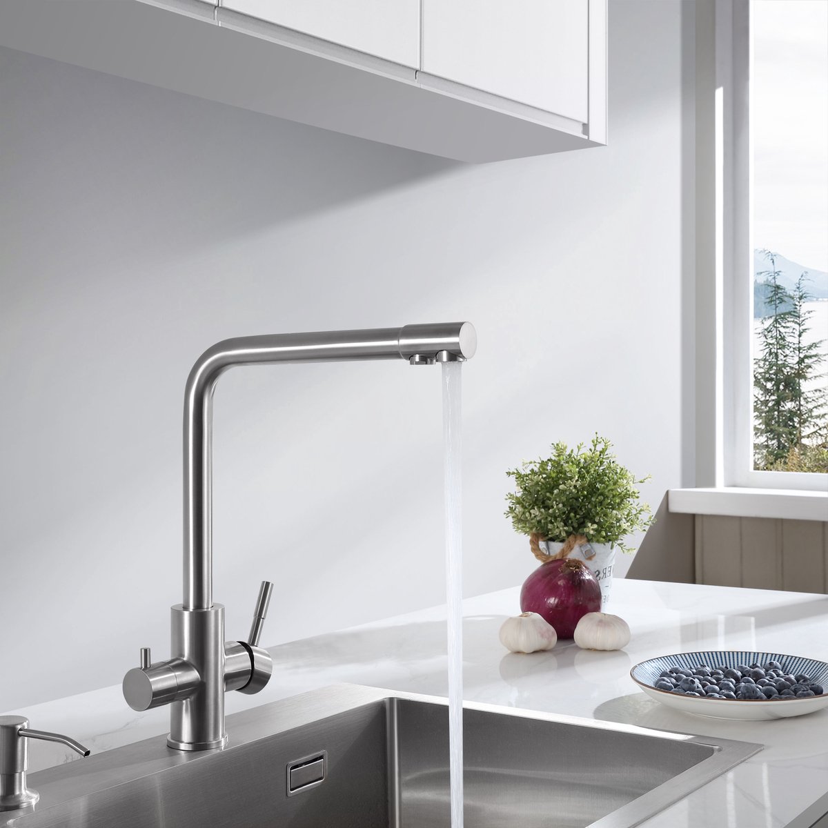 CECIPA max Keuken Kraan - 3 Wege Keukenkraan - Drinkwaterkraan - 360° Draaibaar Keukenmengkraan - 3-in-1 Hogedruk Mengkraan - Zilver