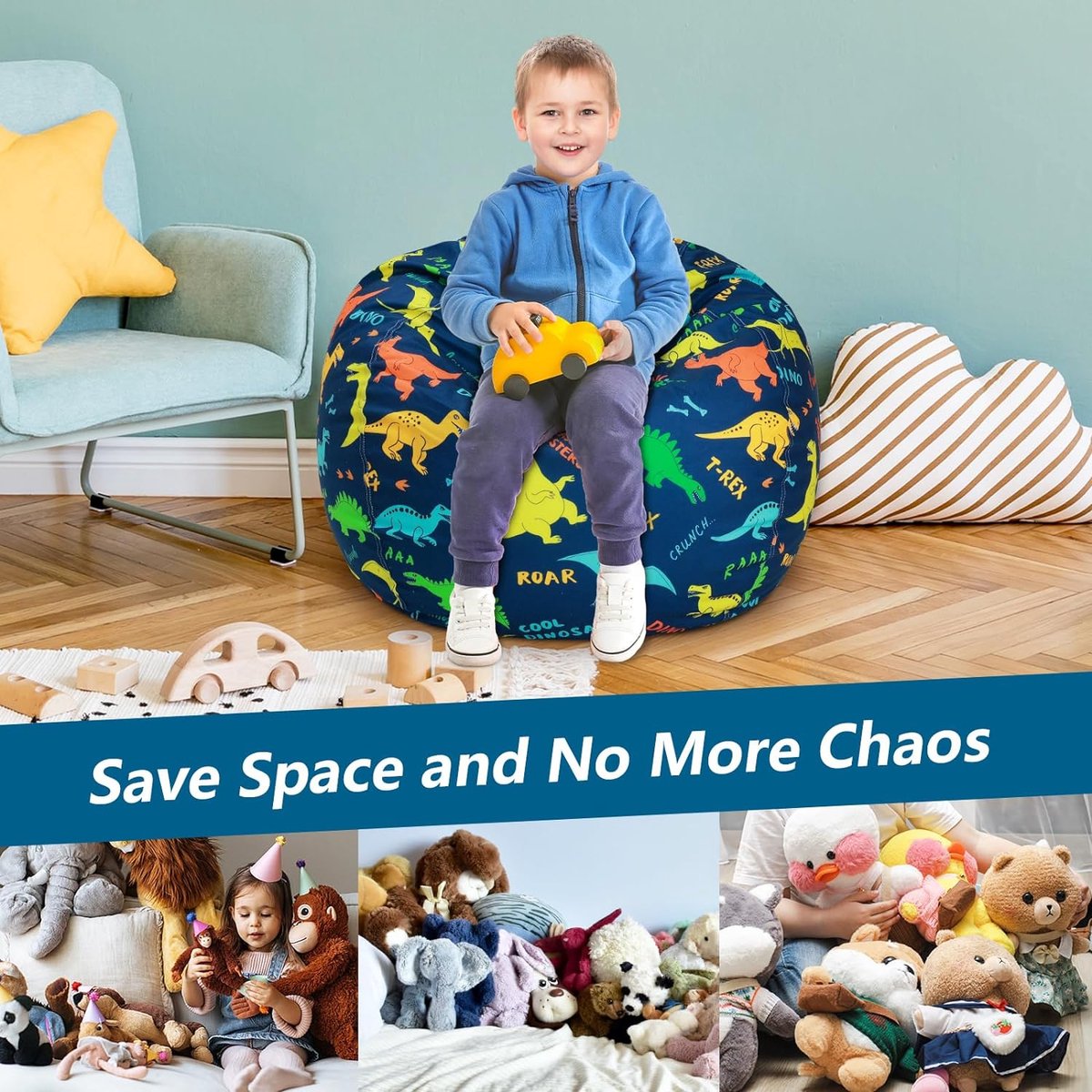 Pouf Rangement Peluche Dinosaure - Grand Sac à Jouets 4 En 1 Avec Fermeture Éclair - Housse Seulement