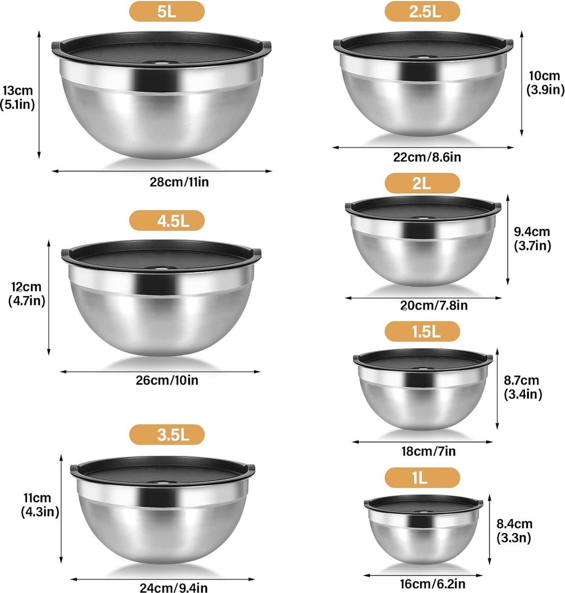 Joyfair Lot De 3 Saladiers En Acier Inoxydable Avec Couvercles Hermétiques, Empilables Pour Mélanger/servir/préparer, Passe Au Lave-vaisselle, 4,5 L, 2,7 L, 1,5 L, Noir