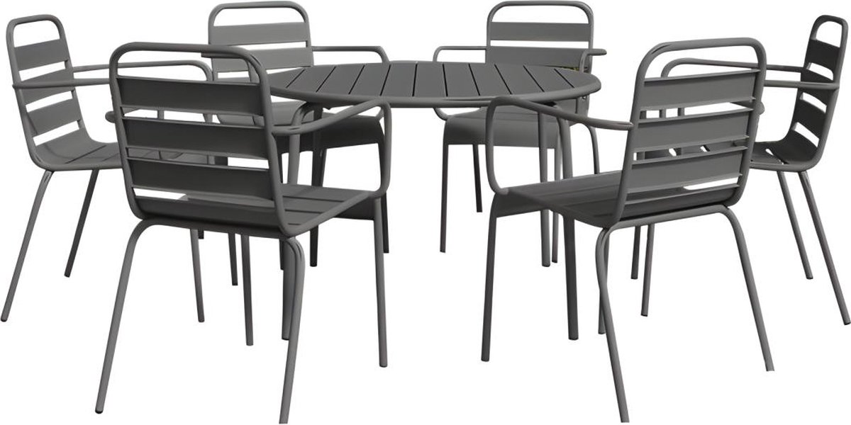 MYLIA Tuineethoek van metaal - Een ronde tafel D130 cm en 6 opstapelbare fauteuils - Donkergrijs - MIRMANDE van MYLIA L 130 cm x H 79 cm x D 130 cm