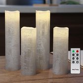 4 Vlamloze Led Stompkaarsen met Timer en Afstandsbediening - Realistisch Design - Hoogte 15/20.5cm - Warmwit Licht - Zilver Rustiek - Batterijen Inbegrepen