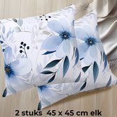 Allernieuwste.nl® 2 Stuks Kussens Frisse Blauwe Bloemen - 2x Sier Kussenhoes Polyester - Kussenovertrek Natuur - Kleur Blauw 45 x 45 cm - SET 2 Stuks %%