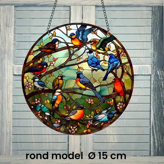 Raamhanger Raamdecoratie Vogelpracht Tropische Vogels - Kleurige Zonnevanger Rond Acryl met Ketting - Suncatcher Rond model 15 cm %%